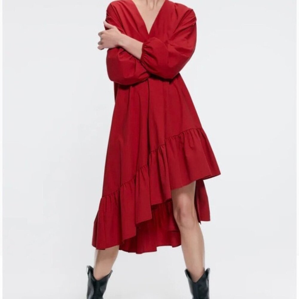 Zara Midi Poplin Asymmetrical Flamenco Red Dress
